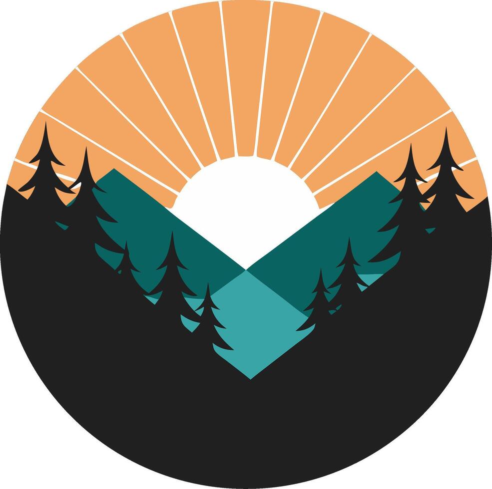 Sunset Over Mountain Landscape with Pine Trees Illustration vector