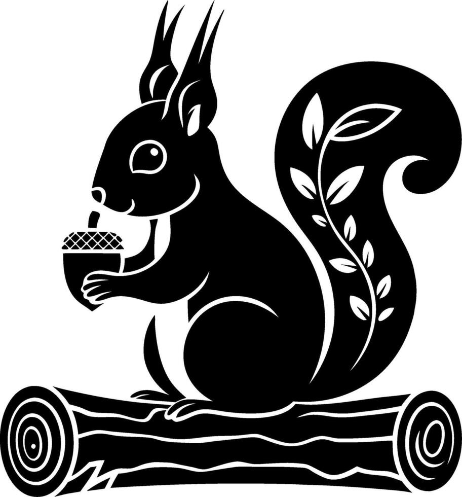 Squirrel on Log Holding Acorn Illustration with Leaf Detail vector