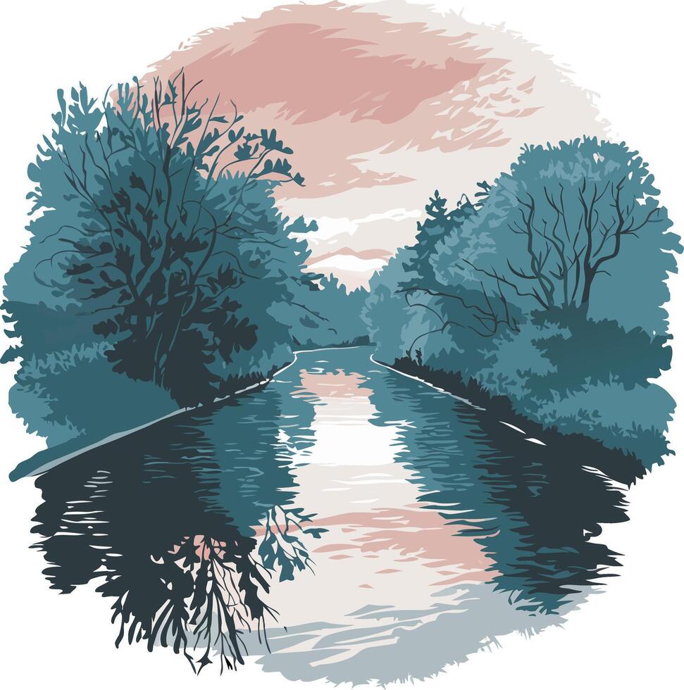 Tranquil River and Lush Forest at Sunset Illustration vector