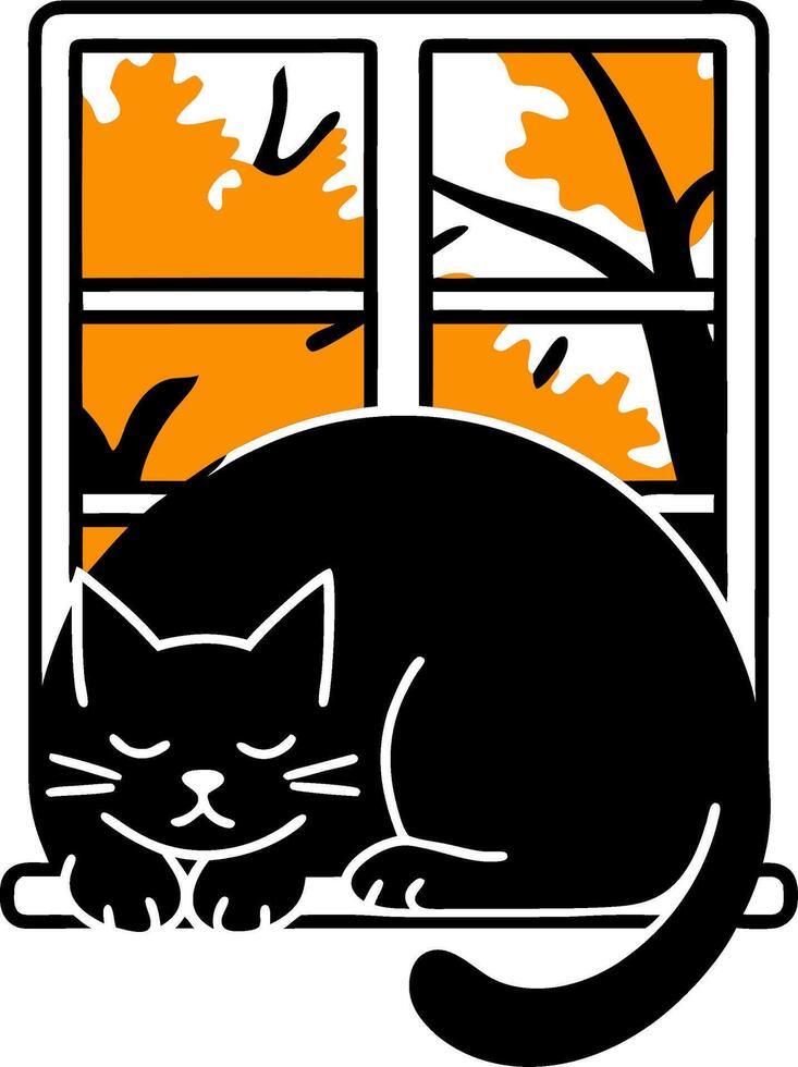 Sleeping Black Cat on Windowsill with Autumn Tree Silhouette and Orange Leaves Background vector