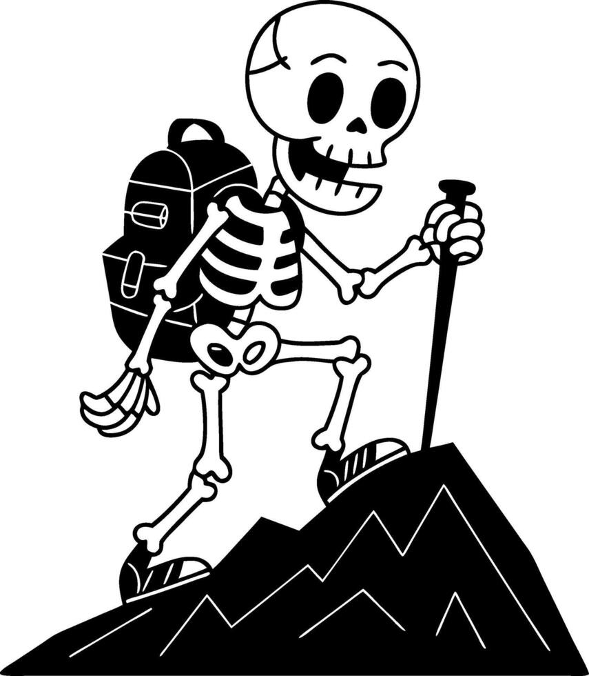Skeleton Hiking Adventure Cartoon with Backpack and Walking Stick vector