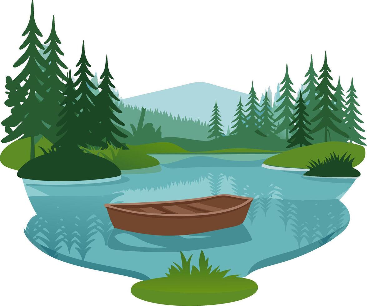 Tranquil Mountain Lake with Rowboat and Pine Forest in Scenic Nature Illustration vector