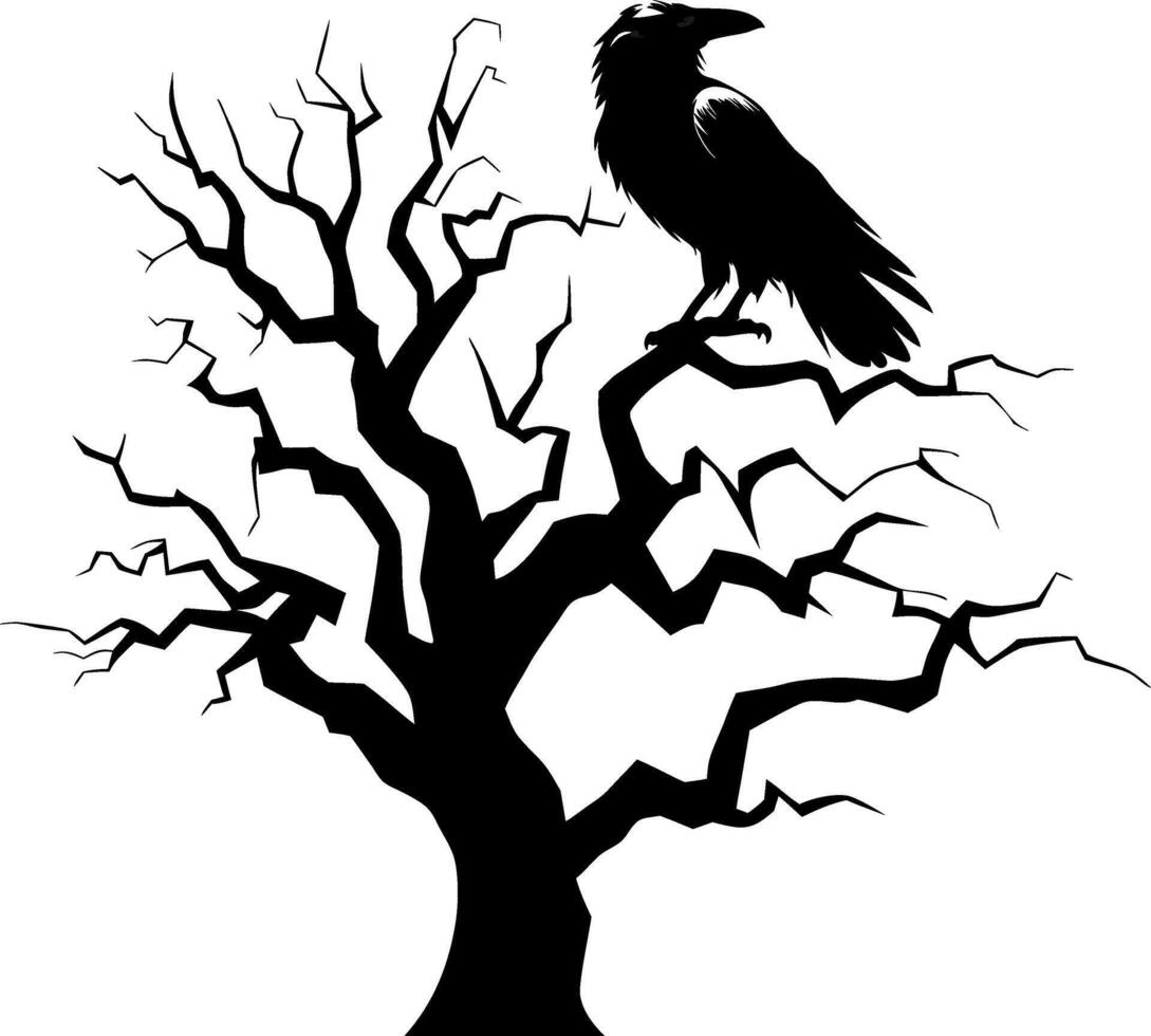 Silhouette of Raven Perched on Bare Tree Branch Art Design vector