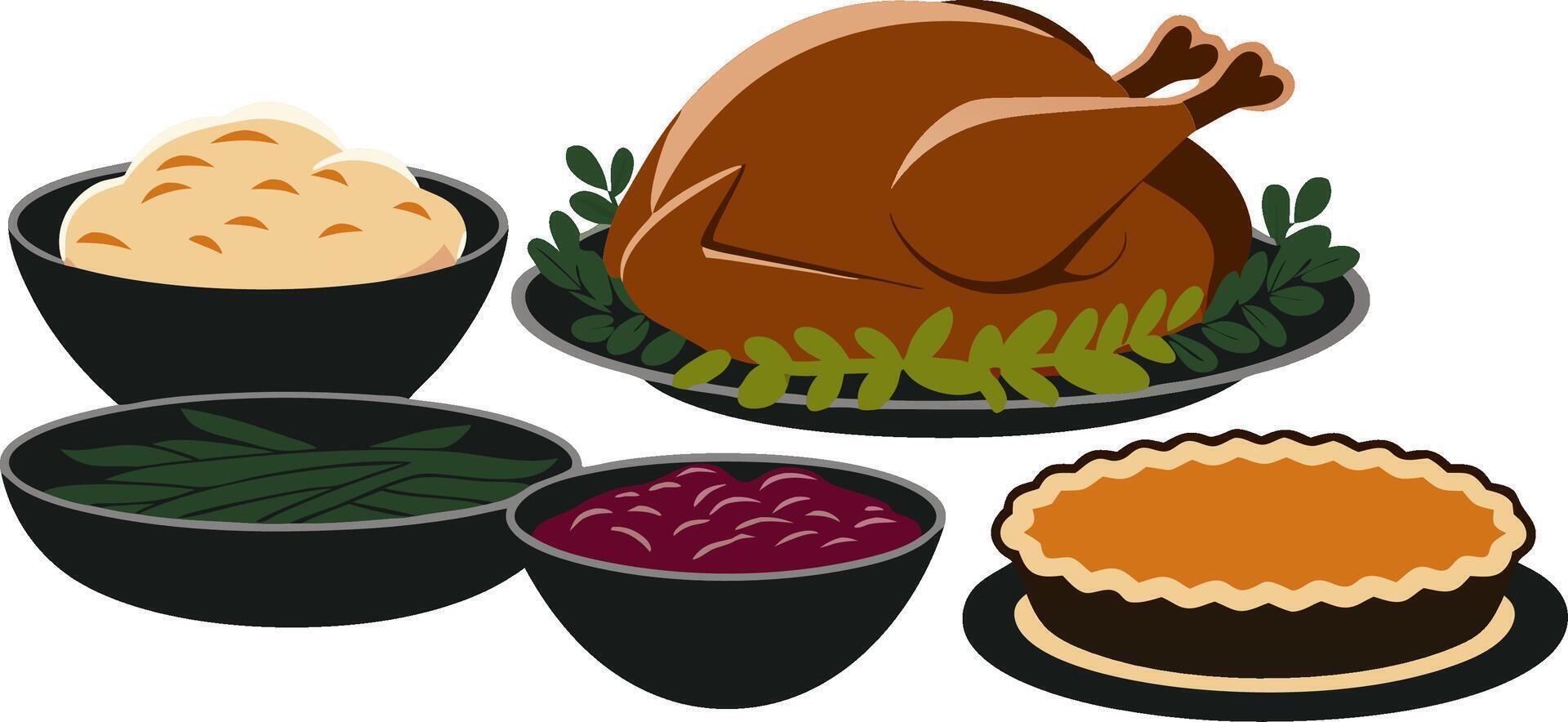 Thanksgiving Feast Illustration with Turkey Mashed Potatoes Green Beans Cranberry Pie vector