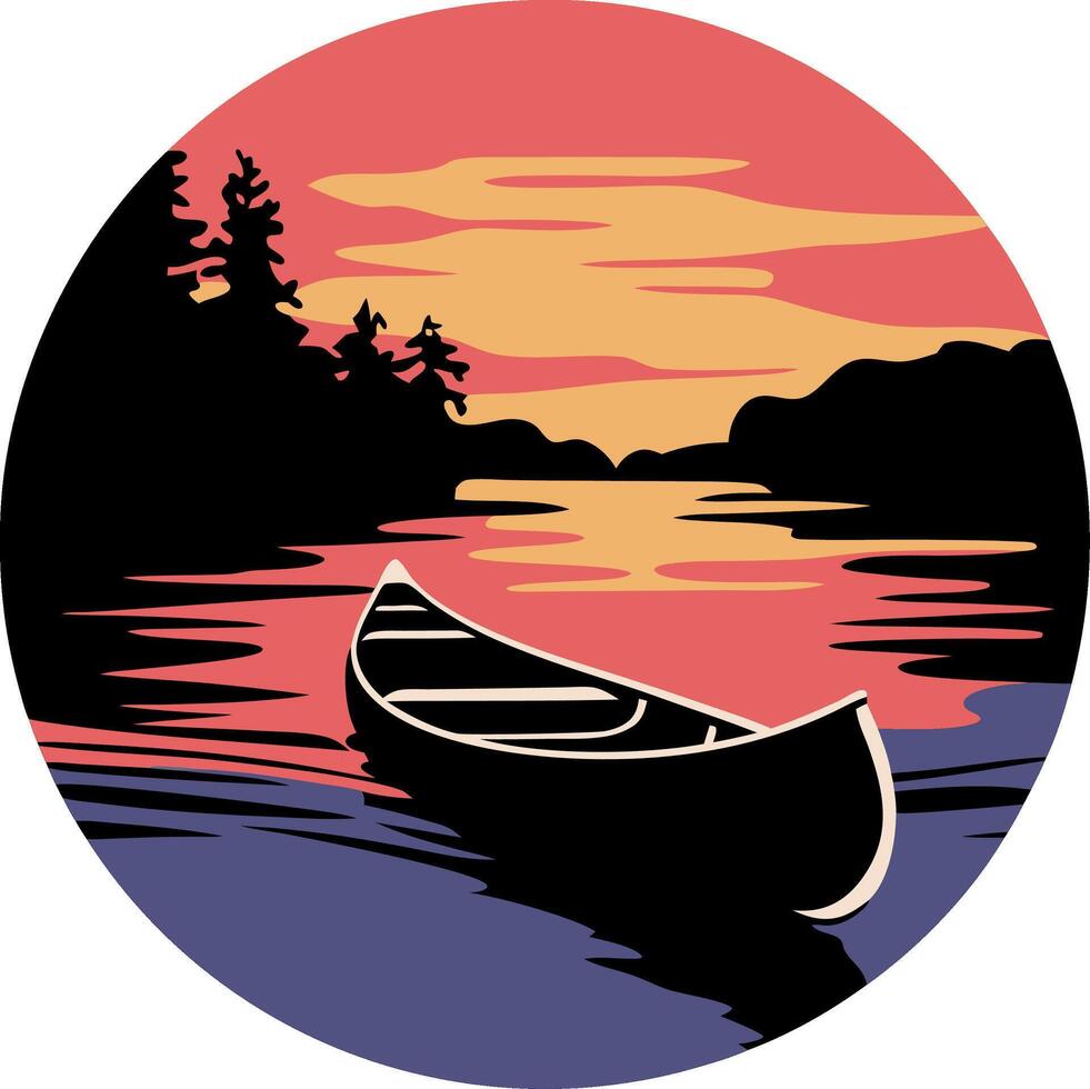 Tranquil Canoe at Sunset on Scenic Lake with Silhouette Trees Art vector