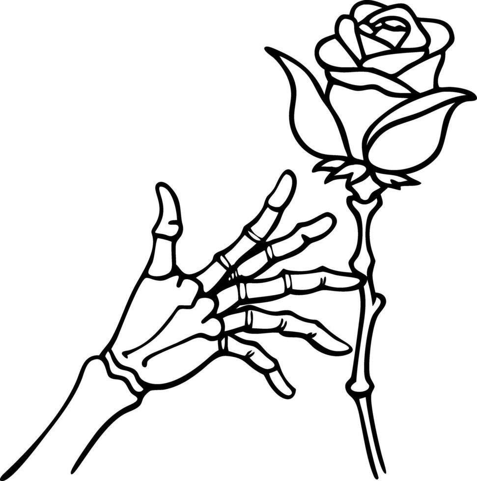 Skeleton Hand Reaching for Rose Symbolizes Life and Death Contrast vector