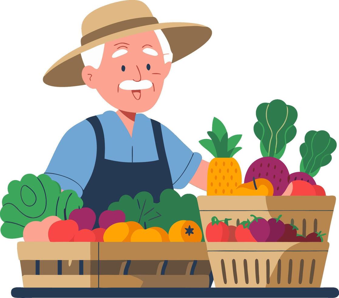 Smiling Farmer with Fresh Produce Baskets Farm Market Vegetables Fruit Illustration vector