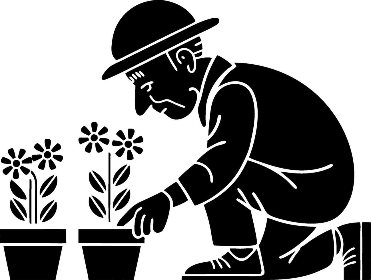 Gardener Planting Flowers Illustration Old Man Caring for Plants Art vector