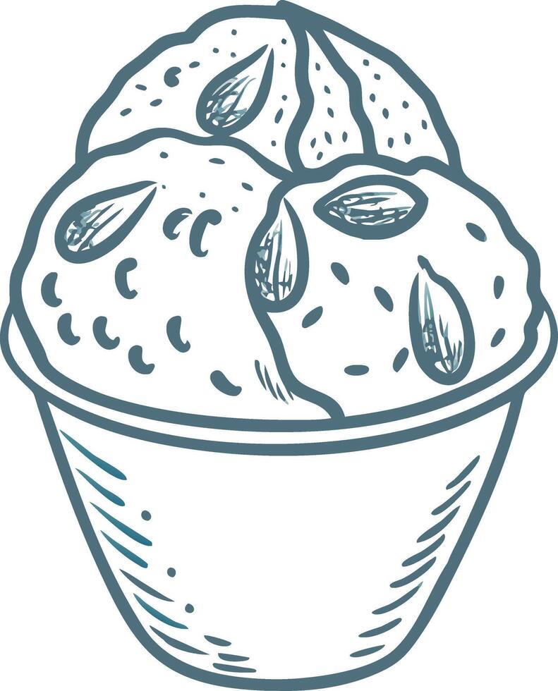 Hand Drawn Ice Cream Sketch with Almonds in Cup Sweet Dessert Illustration vector