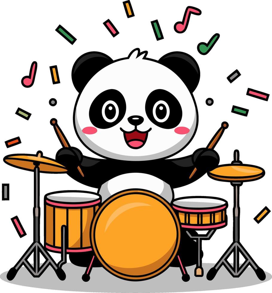 Cute Panda Playing Drums with Colorful Music Notes Illustration vector