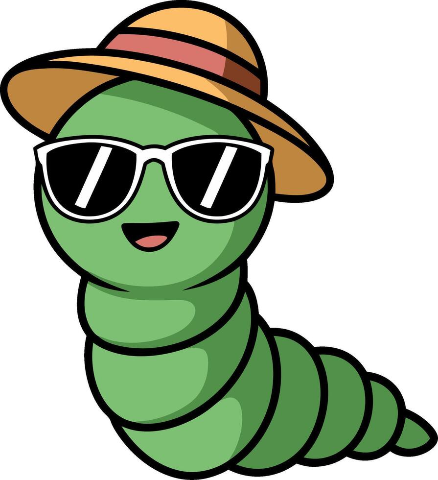 Cartoon Green Caterpillar Wearing Sunglasses and Straw Hat Summer Fun vector