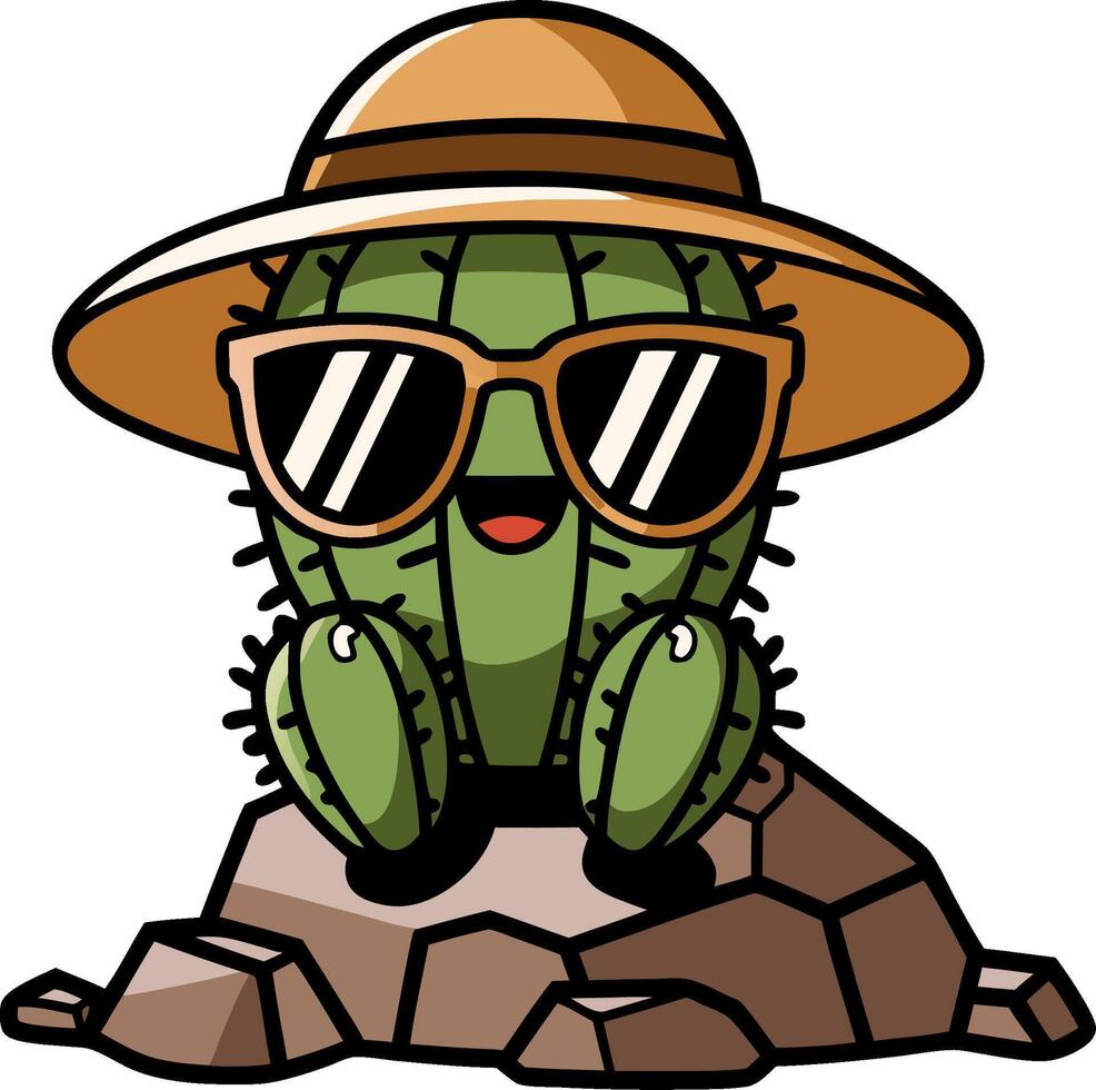 Cool Cactus Cartoon with Sunglasses and Hat on Rocky Background Art vector