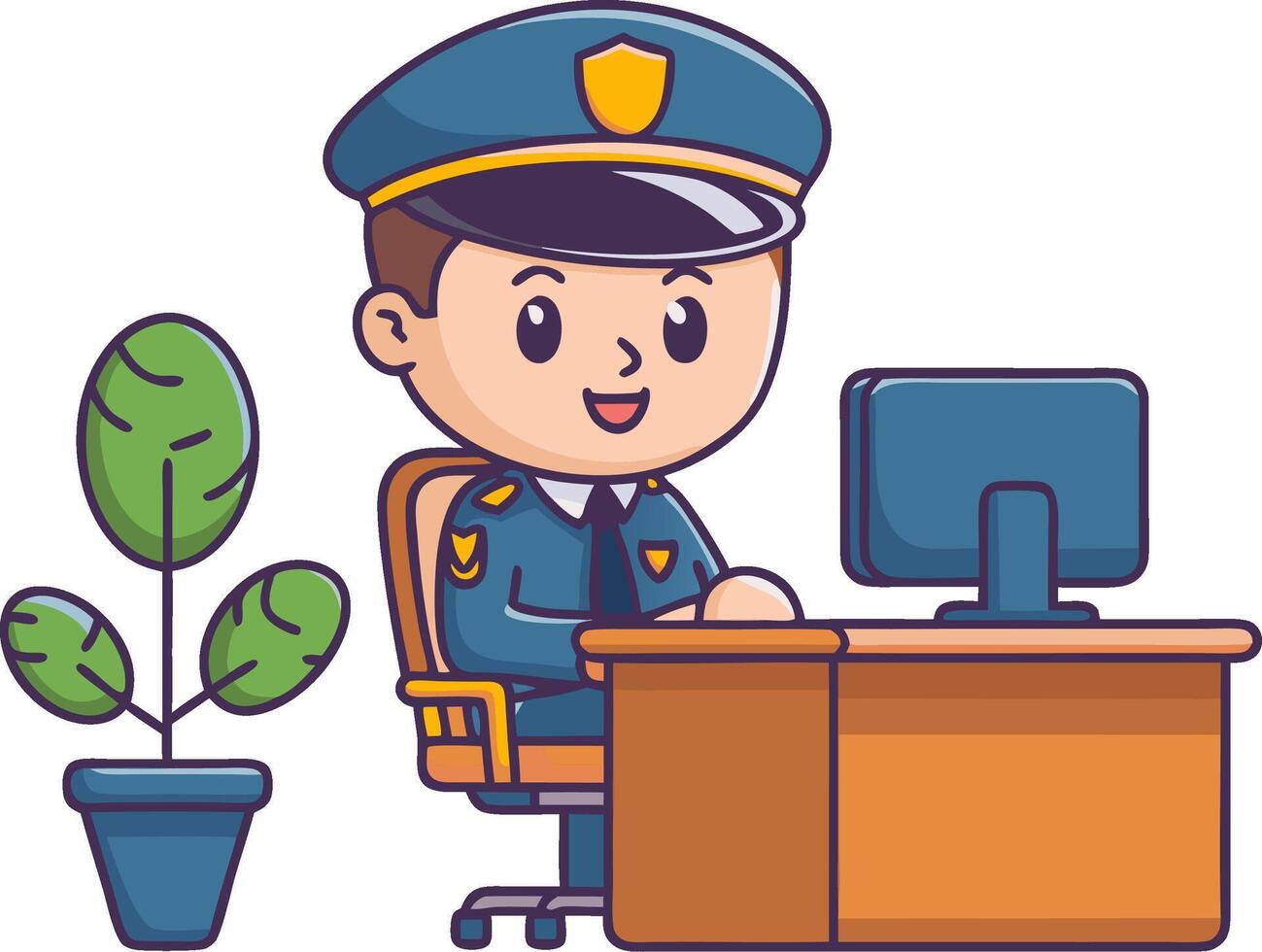 Cartoon Policeman Working at Desk with Computer in Office Setting vector