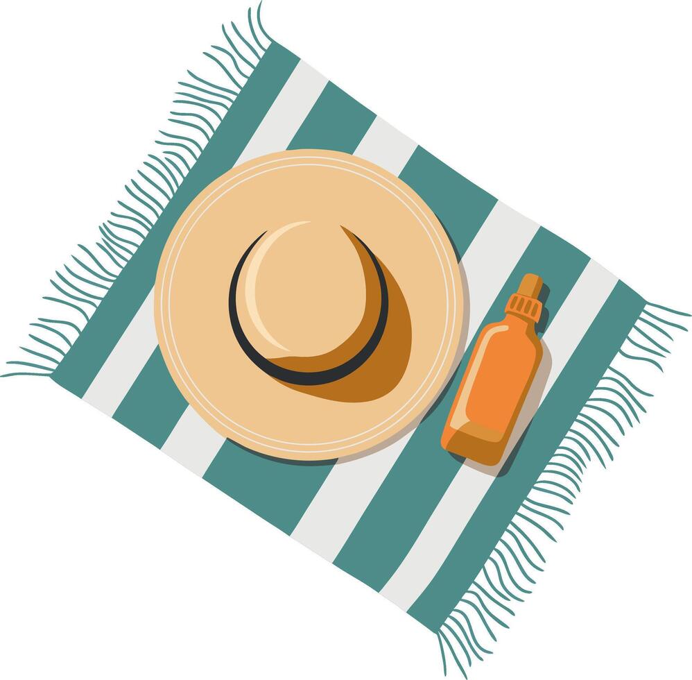 Beach Essentials Hat Sunscreen Bottle on Striped Towel Illustration vector