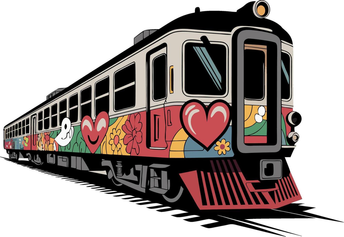Colorful Retro Train Design with Hearts Flowers and Rainbow Elements vector