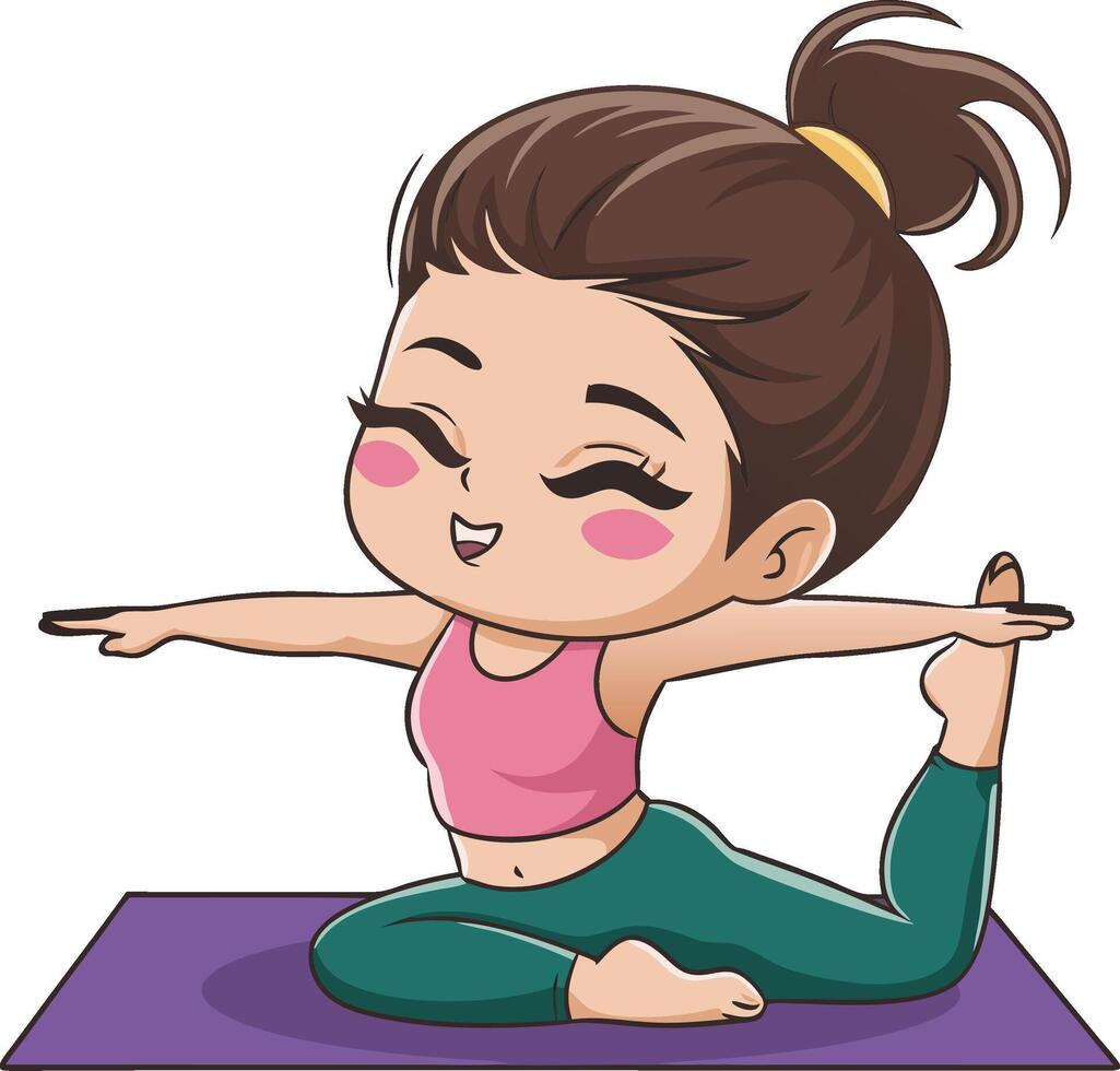 Adorable Chibi Yoga Girl in Cheerful Yoga Pose on Mat Cartoon vector