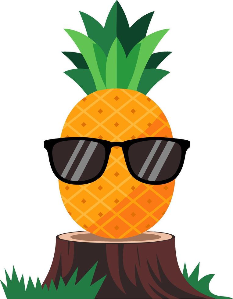 Cool Pineapple with Sunglasses on Tree Stump in Tropical Art vector