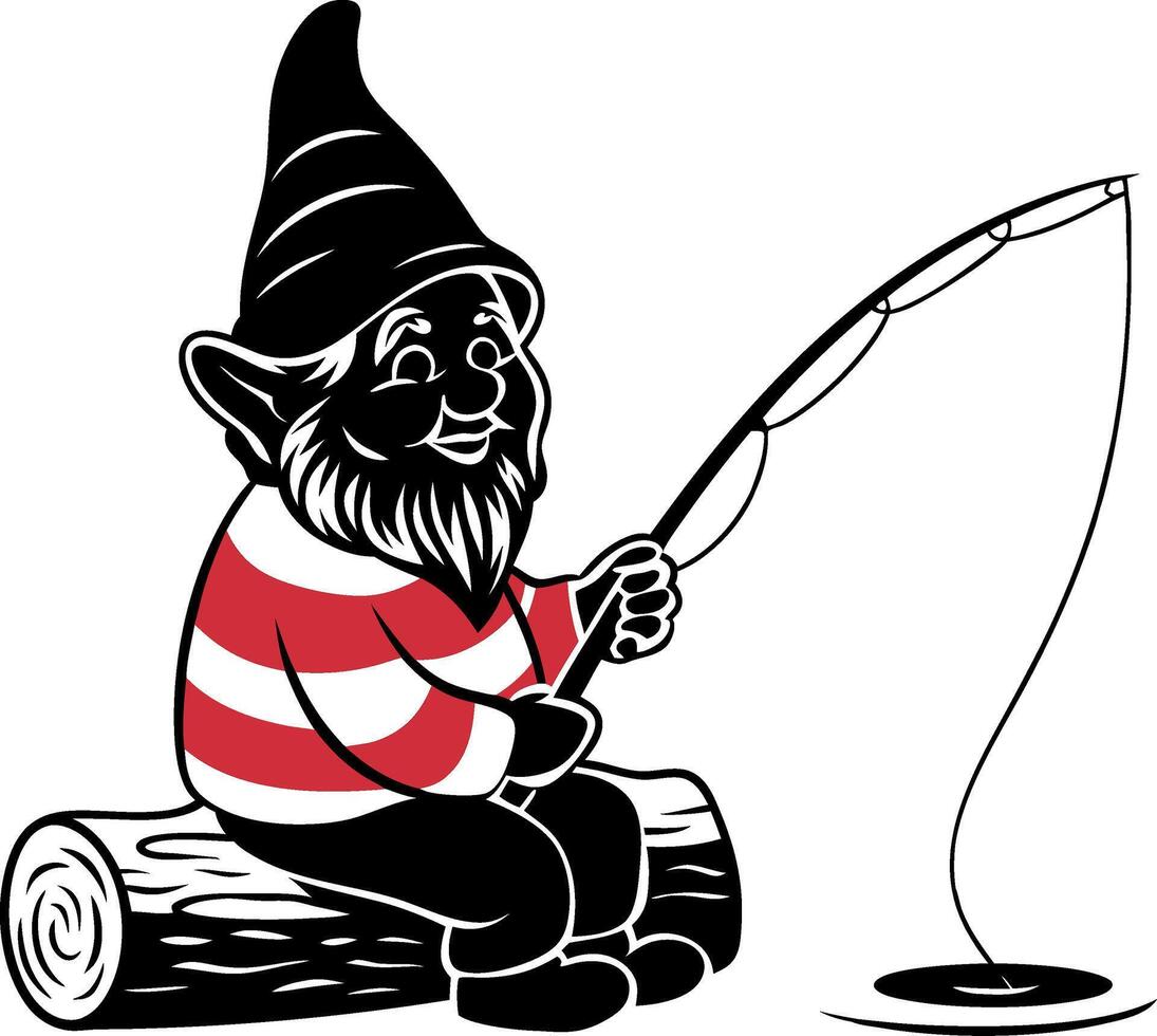 Cartoon Gnome Fishing on Log Whimsical Art Design vector