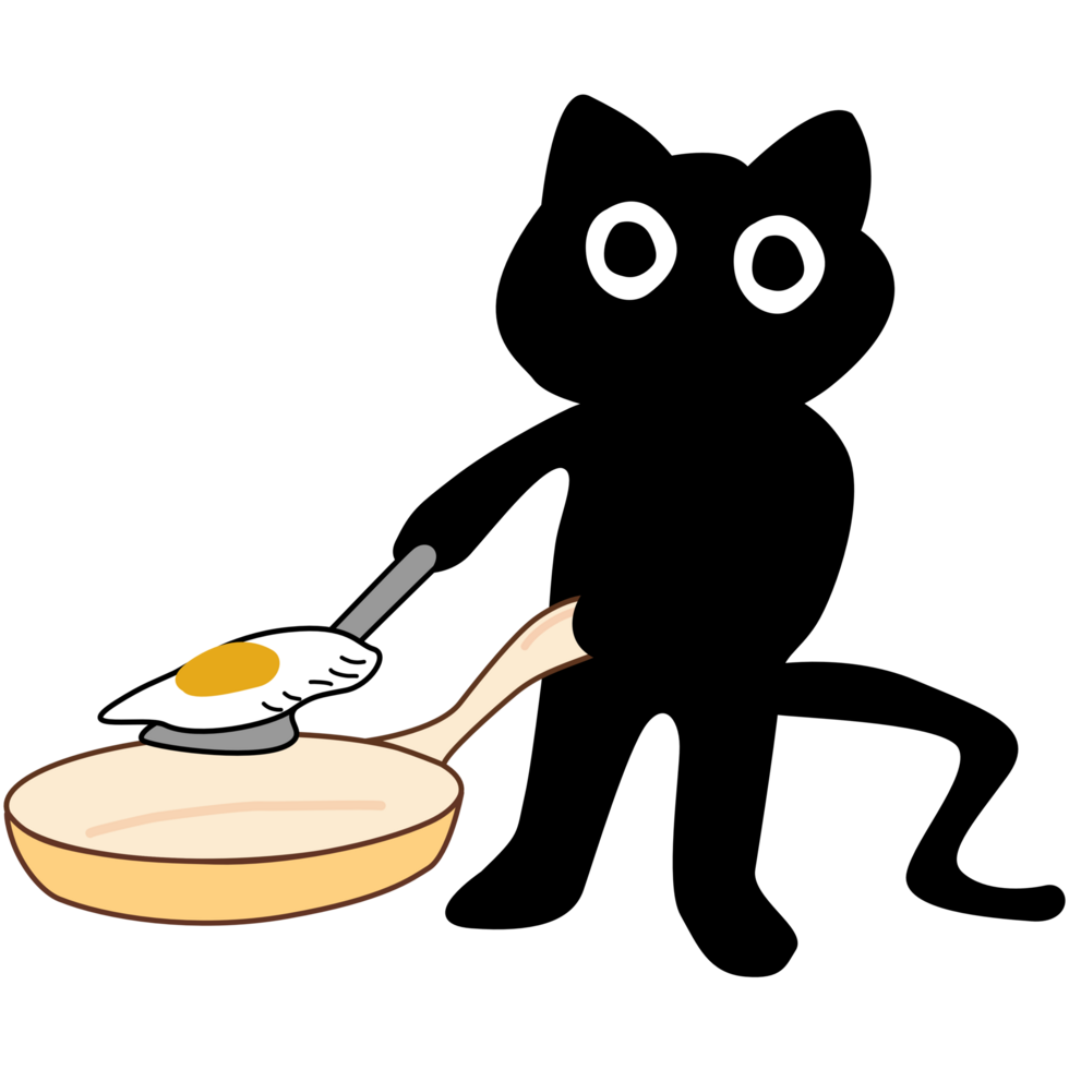 Cartoon Black cat Character Cooking an Egg in a Pan png