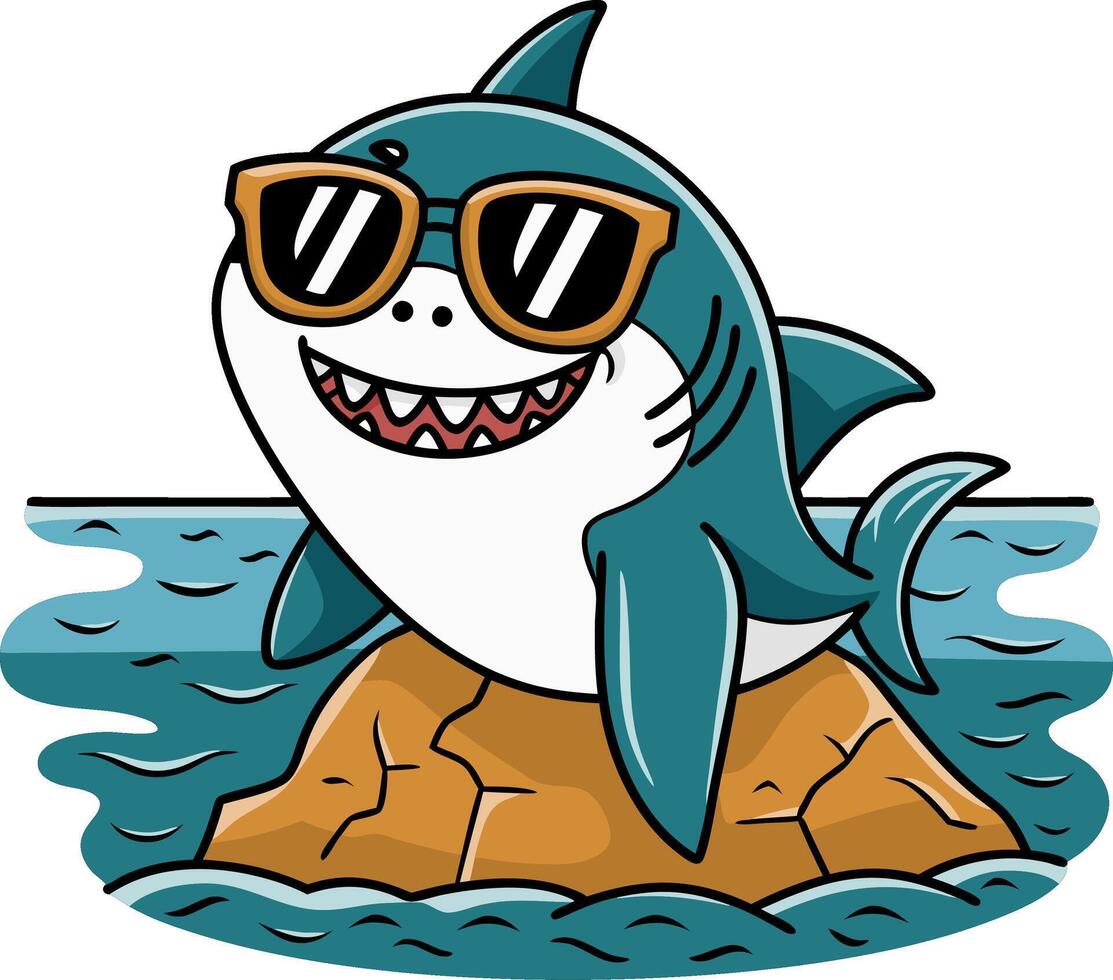 Cool Cartoon Shark with Sunglasses on Rock Art vector