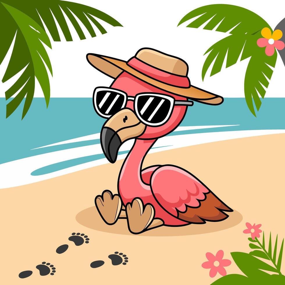 Cool Flamingo with Sunglasses Relaxing on Tropical Beach vector