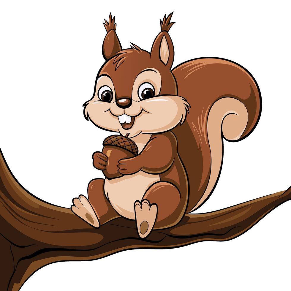 Cute Cartoon Squirrel Holding Acorn on Branch Illustration vector
