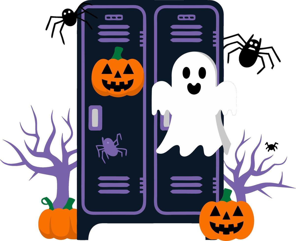Halloween Ghost Floating by School Lockers with Pumpkins and Spiders Art vector