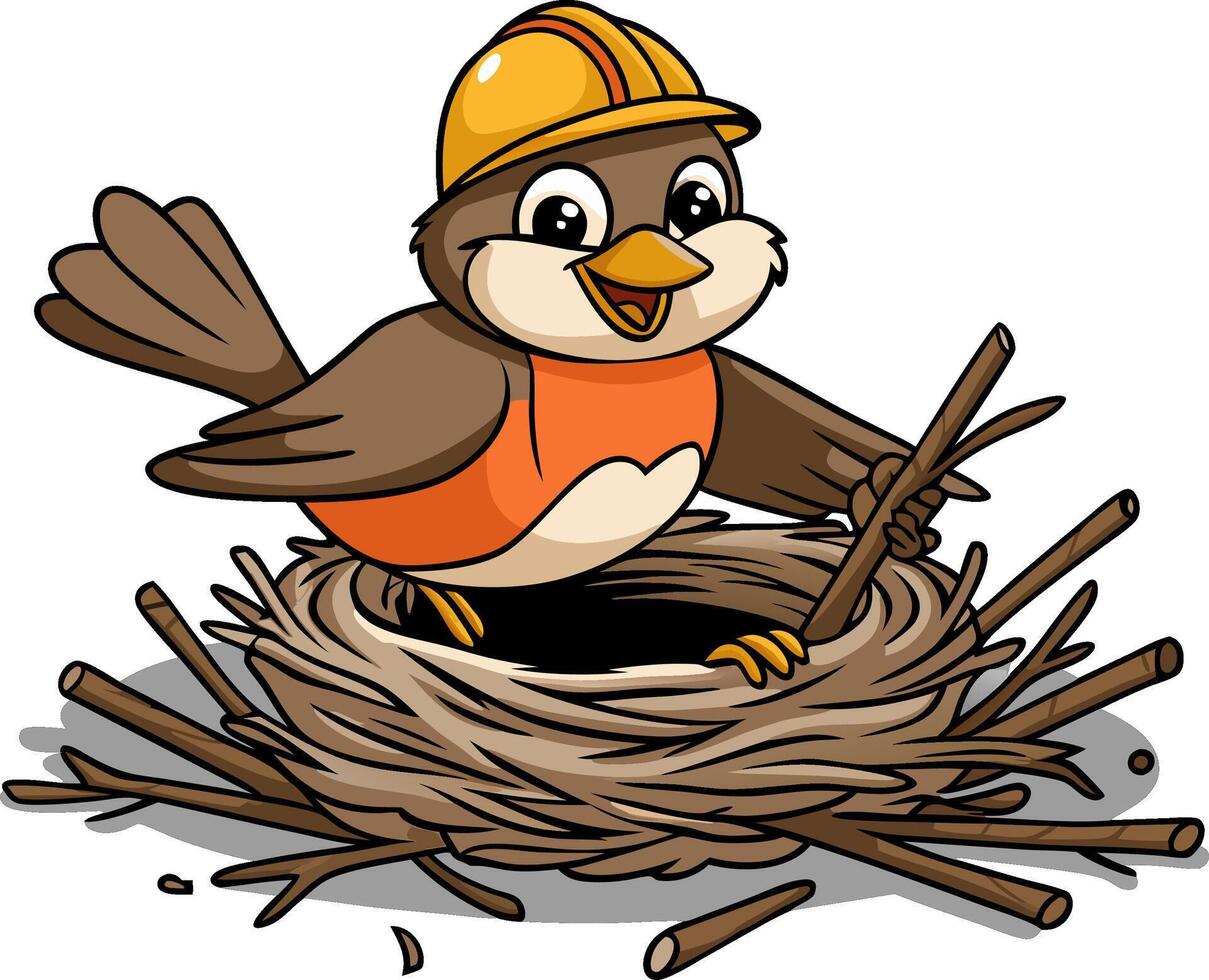 Cartoon Construction Bird Building Nest Illustration for Educational Use vector