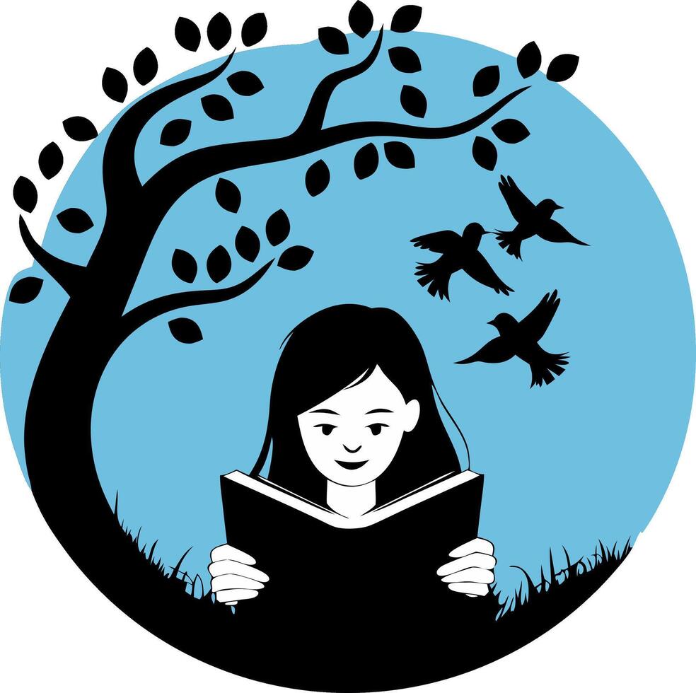 Girl Reading Under Tree with Birds in Peaceful Nature Scene Illustration vector