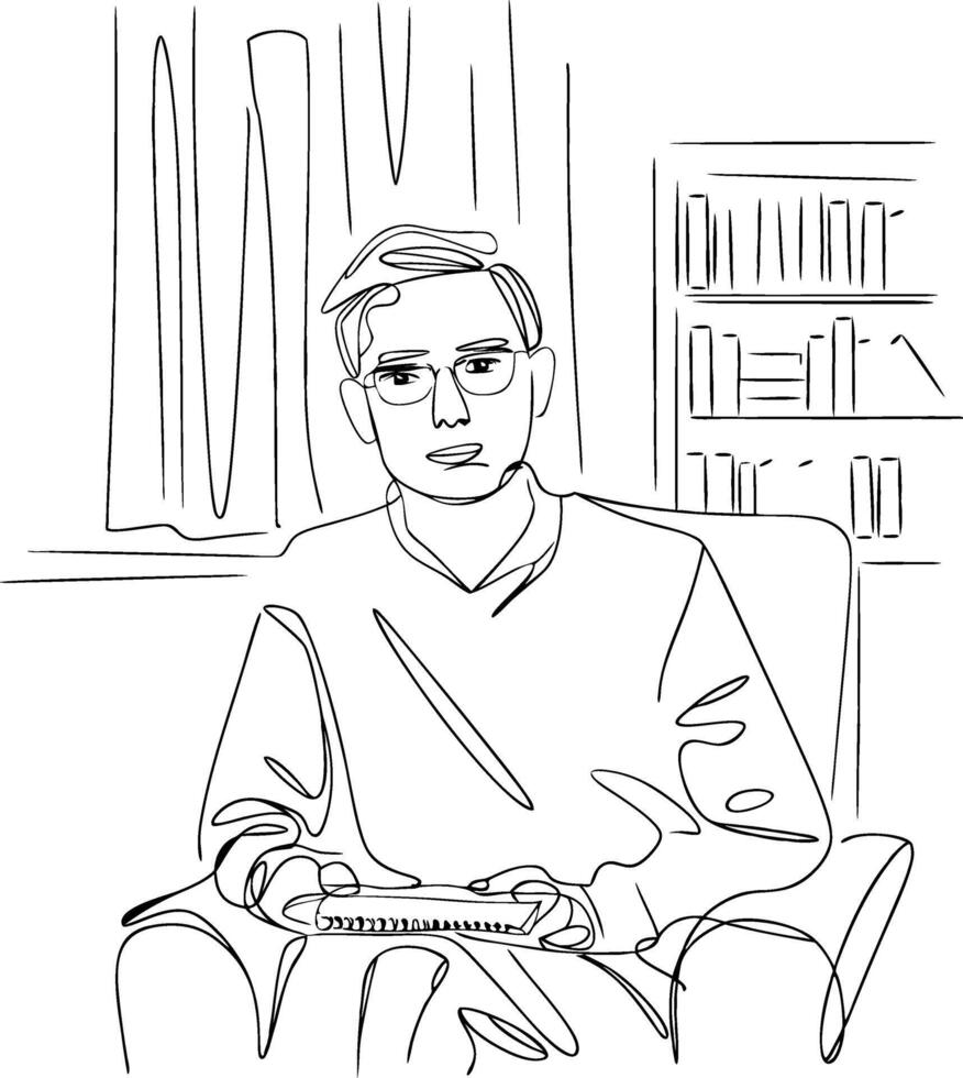 Minimalist Line Art of Person Reading in Armchair with Bookshelf Background vector