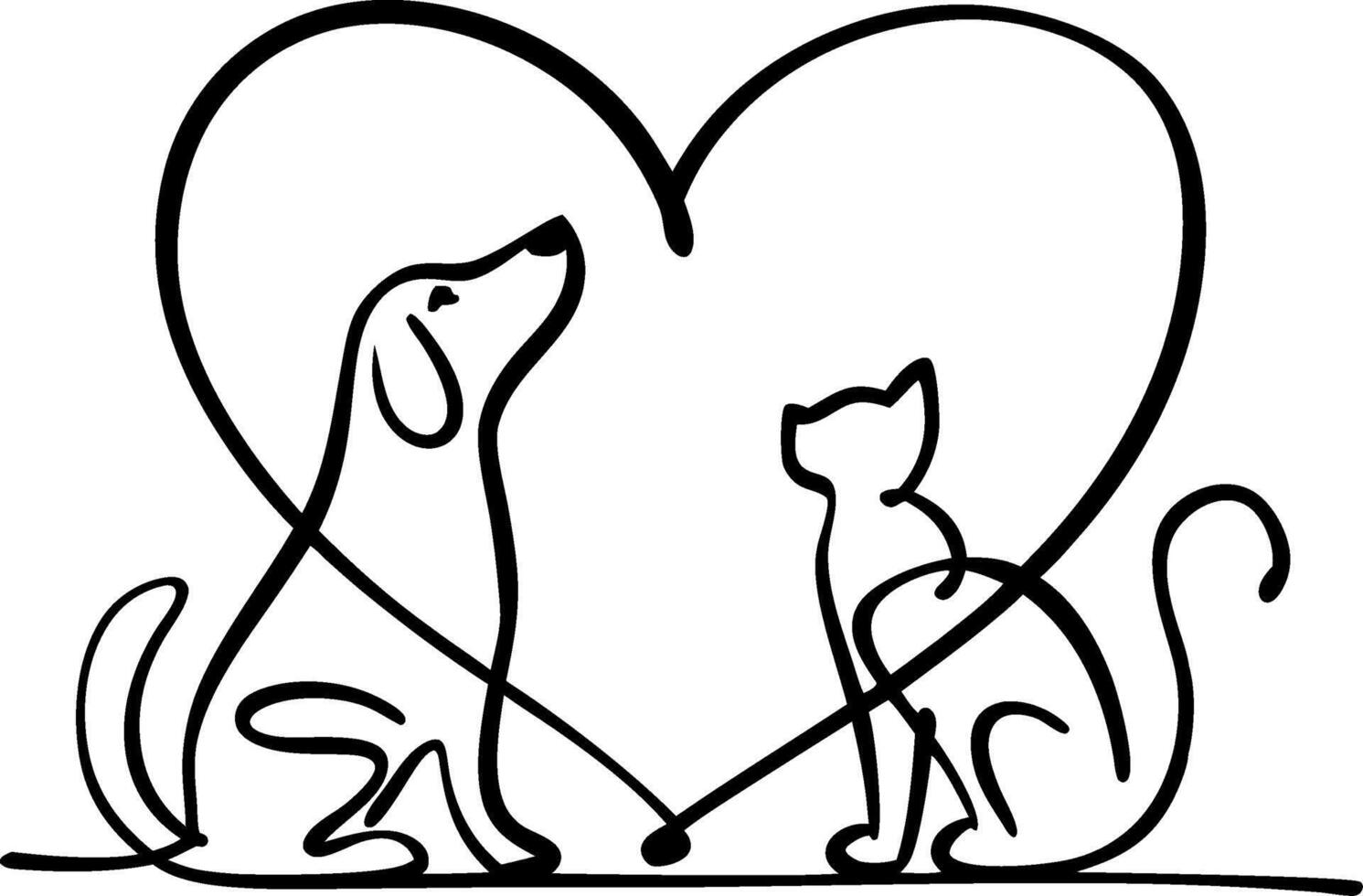 Minimalist Dog and Cat Love Heart Line Art Illustration vector