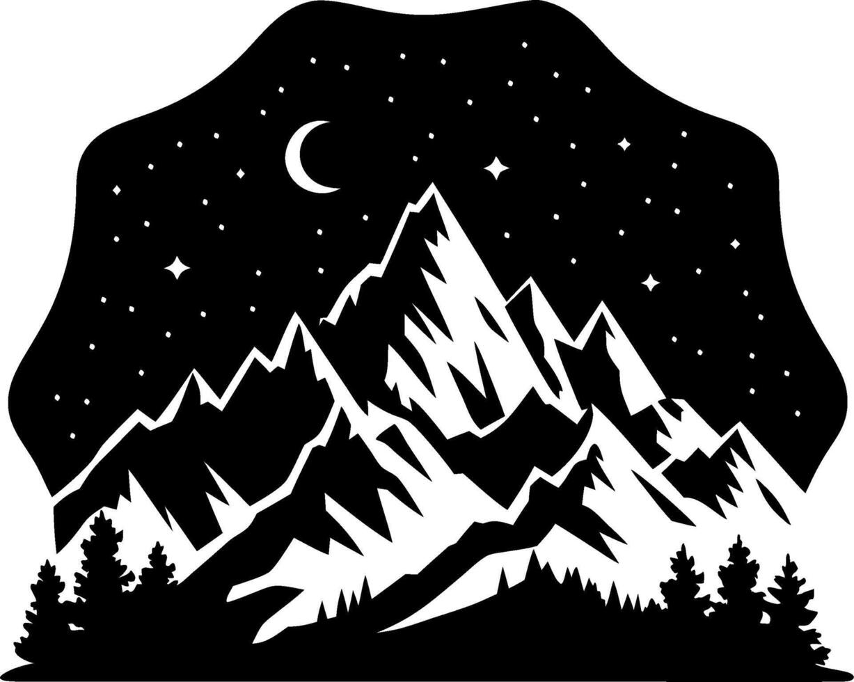 Nighttime Mountain Landscape with Stars and Trees Under Crescent Moon vector