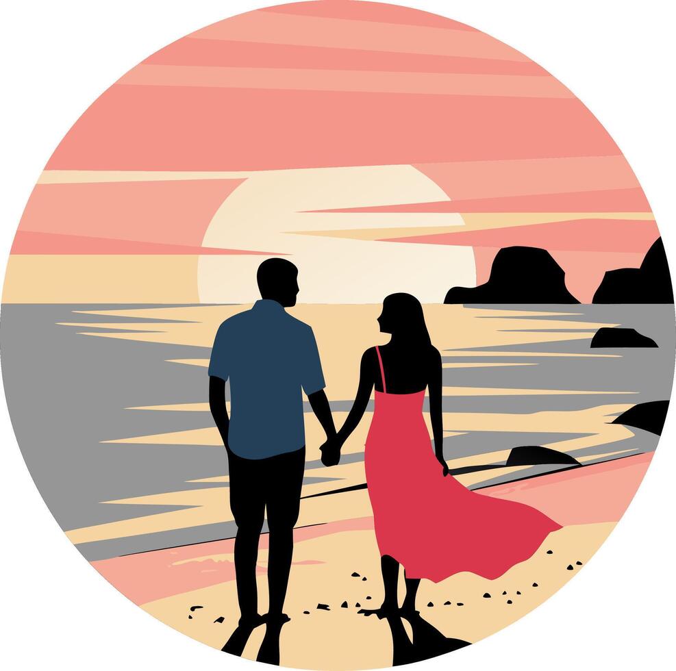Romantic Couple Walking on Beach at Sunset Illustration vector