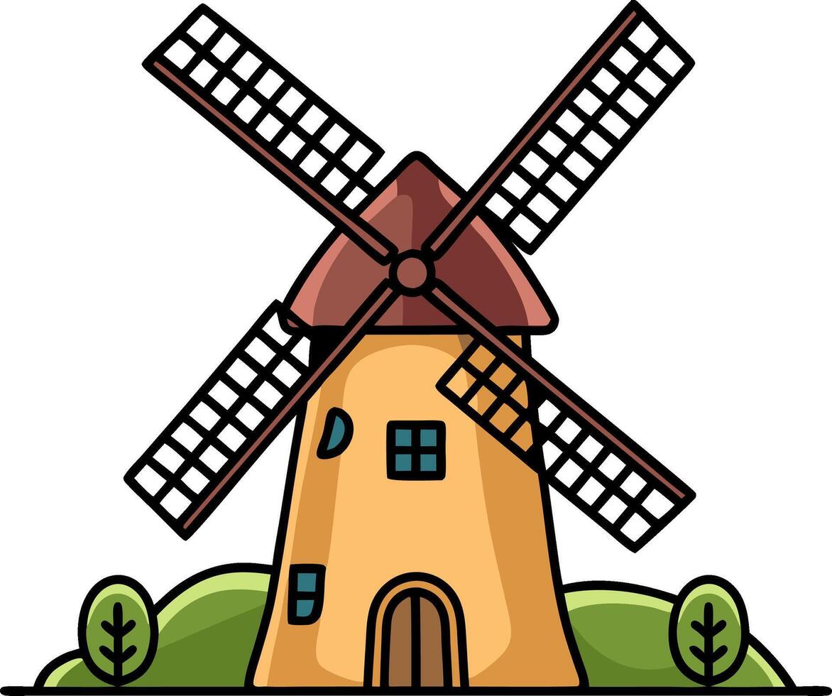 Rustic Windmill Illustration with Greenery and Blue Sky Background vector
