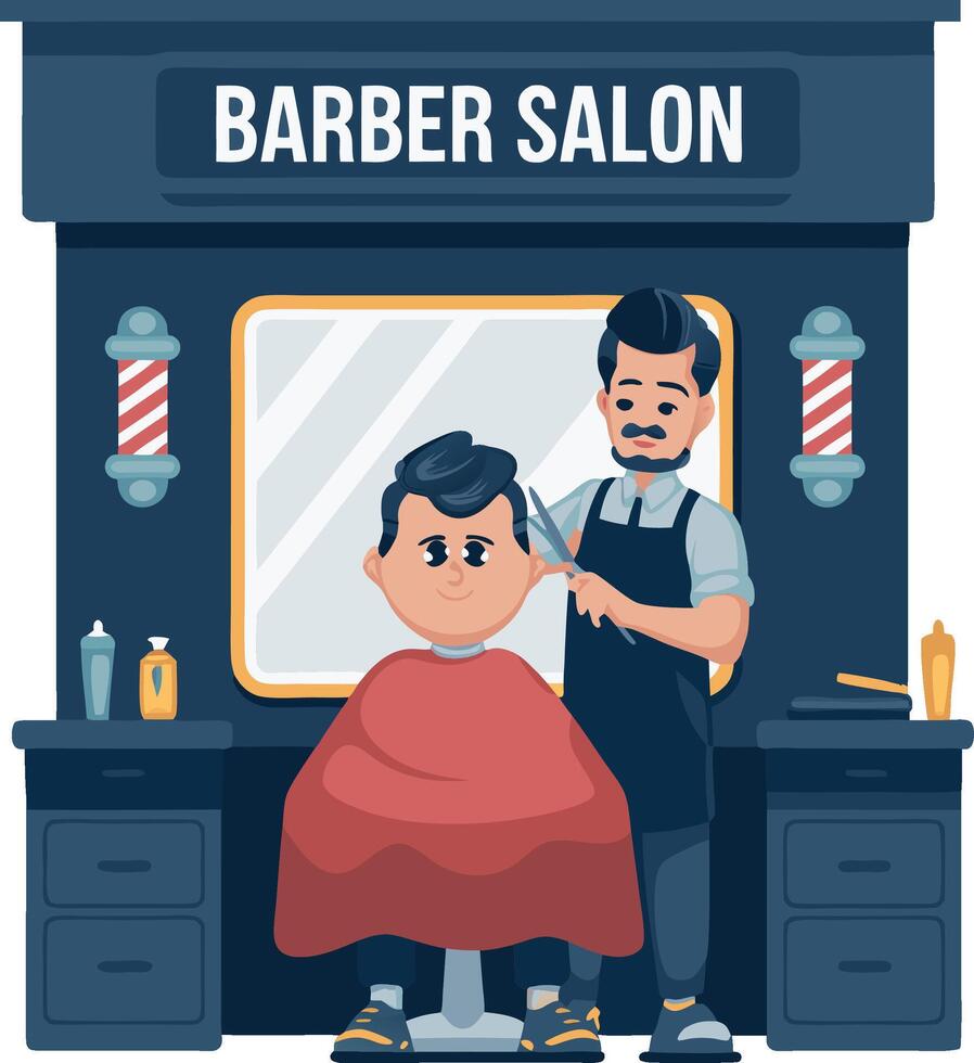 Barber Giving Haircut in Salon with Mirror and Tools Illustration vector