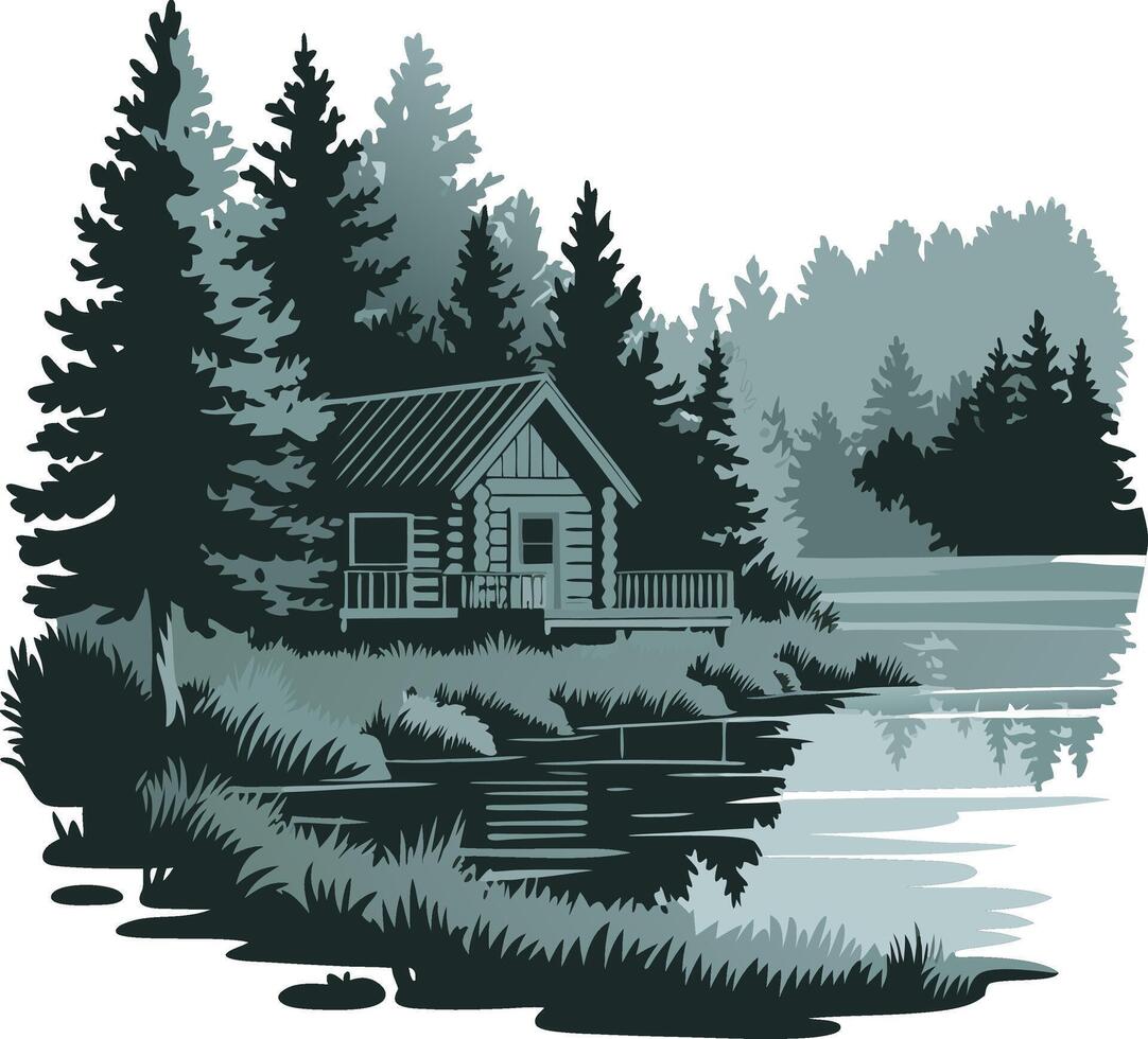 Cabin in Pine Forest by Peaceful Lakeside Illustration vector