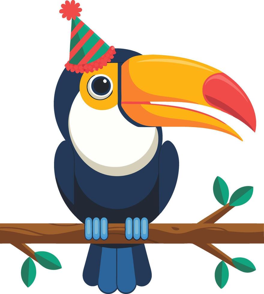 Colorful Party Toucan on Branch with Festive Hat Illustration vector