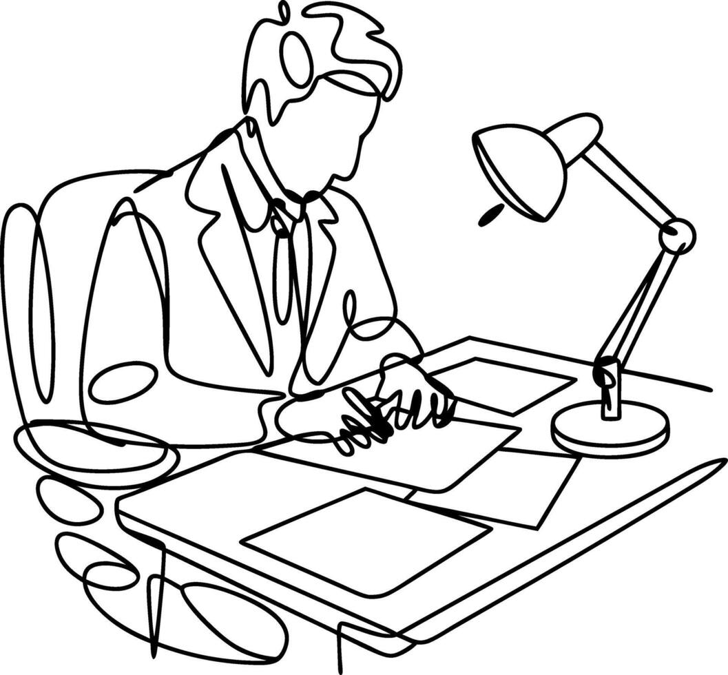 Businessman at Desk Continuous Line Art Professional Office Illustration vector