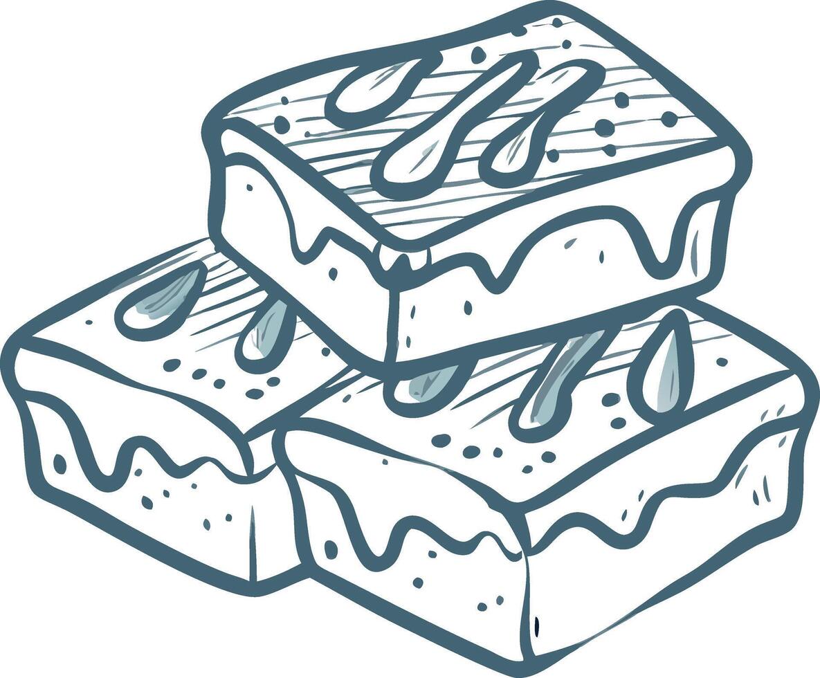 Hand-Drawn Chocolate Brownie with Dripping Frosting and Decorative Glaze vector