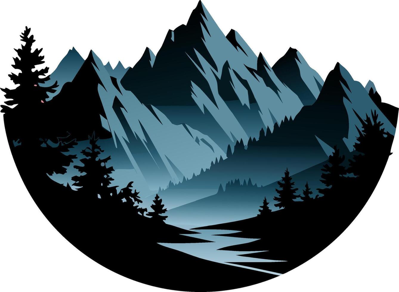 Majestic Mountain Landscape with Silhouette Trees and River vector