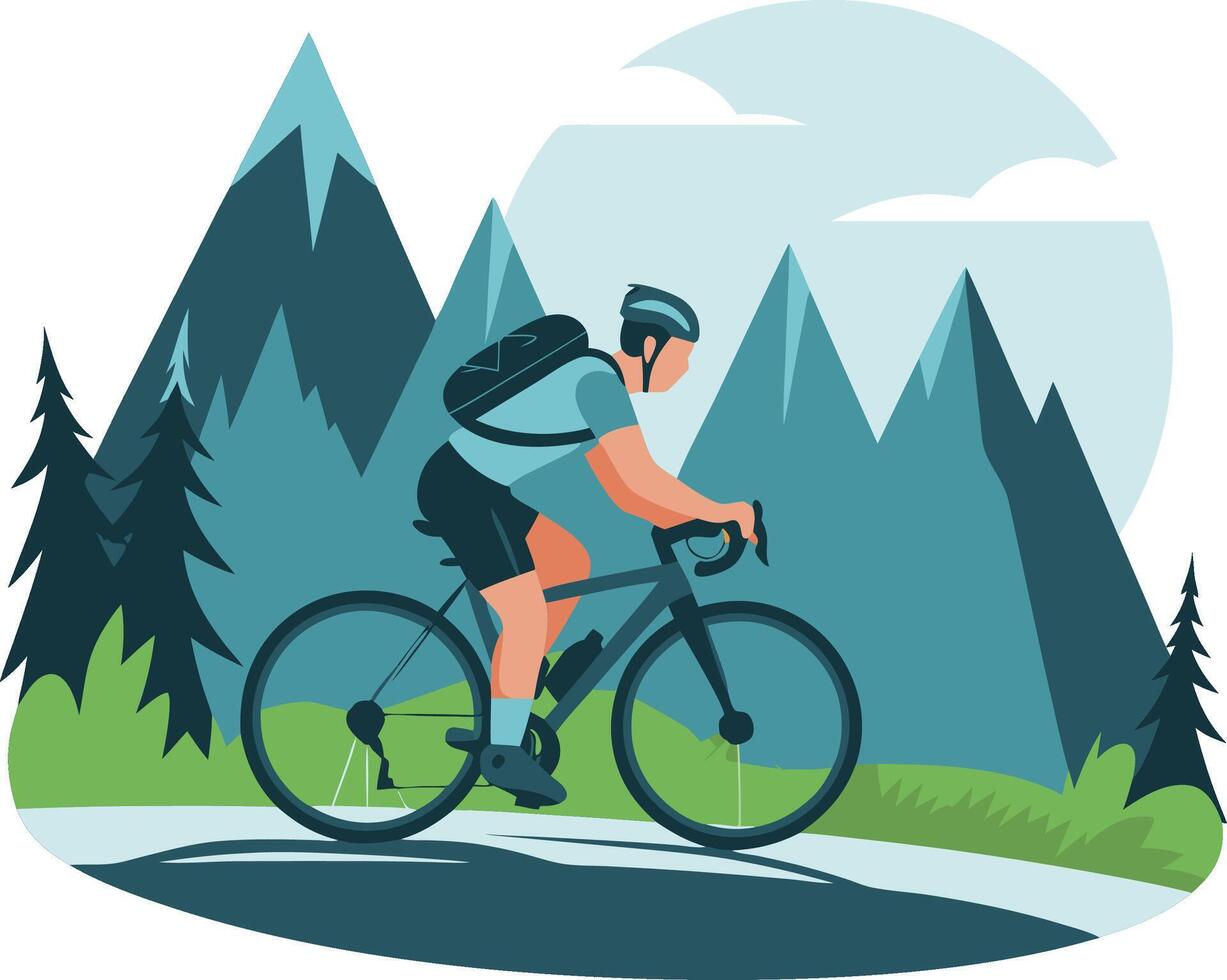 Cyclist Riding Through Mountain Landscape in Scenic Nature Illustration vector