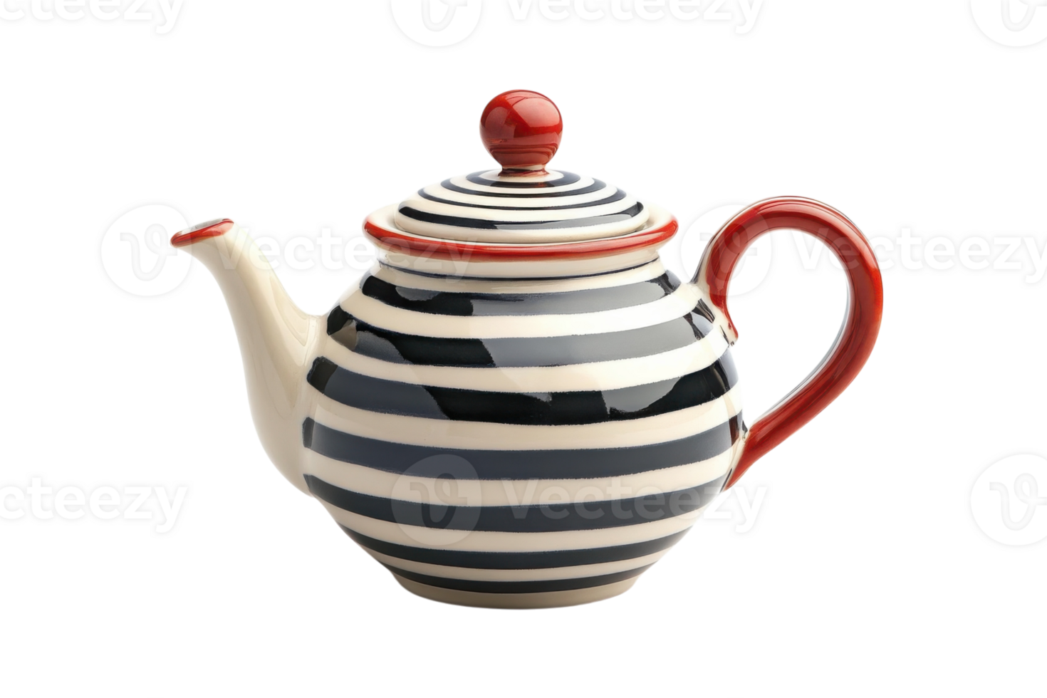 Unique ceramic teapot with black and white stripes and a red handle showcased against a plain background png