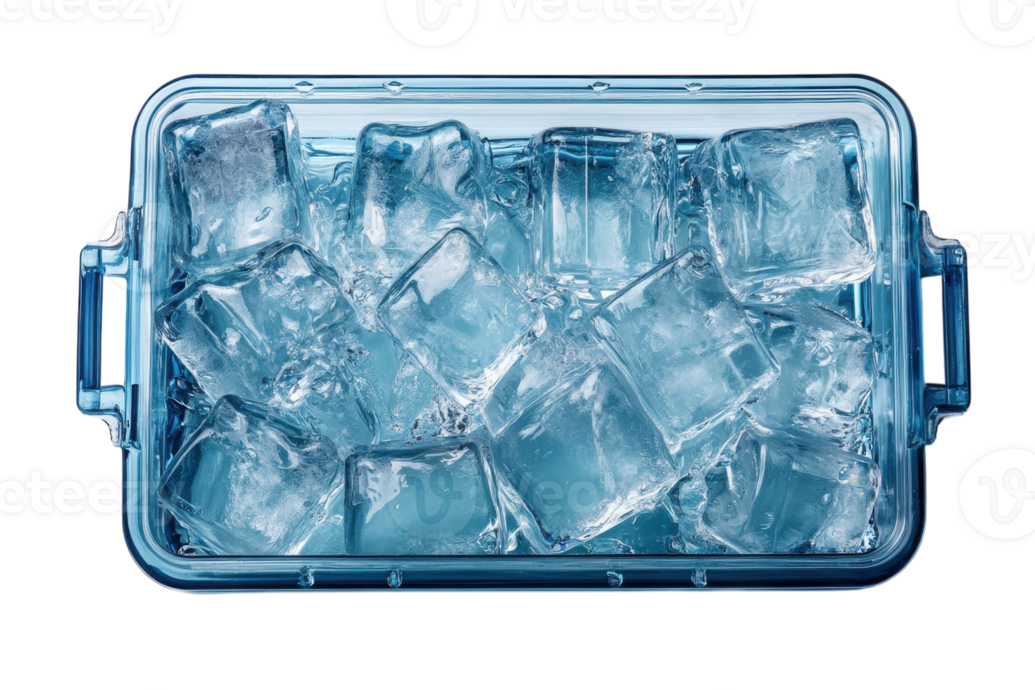 Perfectly shaped ice cubes sit in a blue container ready for use at a summer gathering or party png