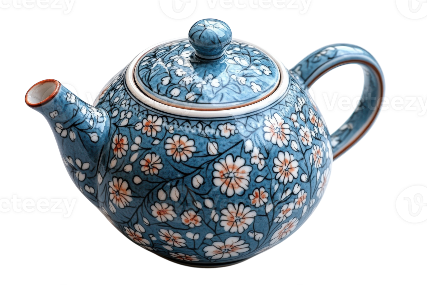Elegant blue floral teapot with intricate design perfect for serving tea in gatherings or daily use png
