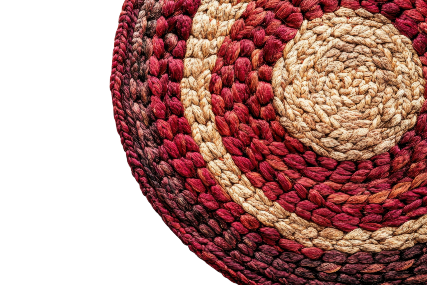 Colorful braided round placemat with red and natural fibers on a white background enhances table decor and adds warmth to dining spaces png