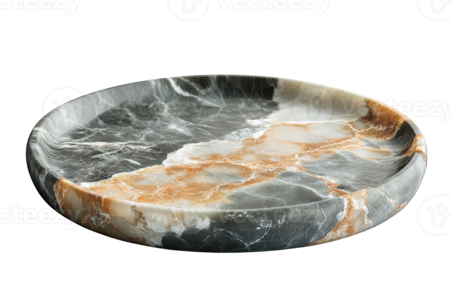 Elegant round marble tray with intricate patterns in gray and orange hues, perfect for serving or display purposes png
