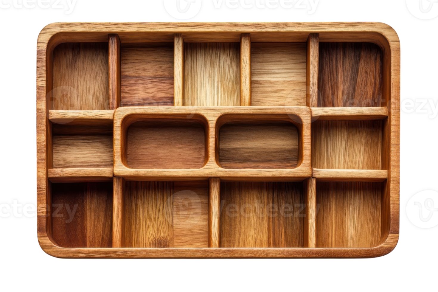 Wooden serving tray designed with multiple sections for organizing food items during gatherings or parties png