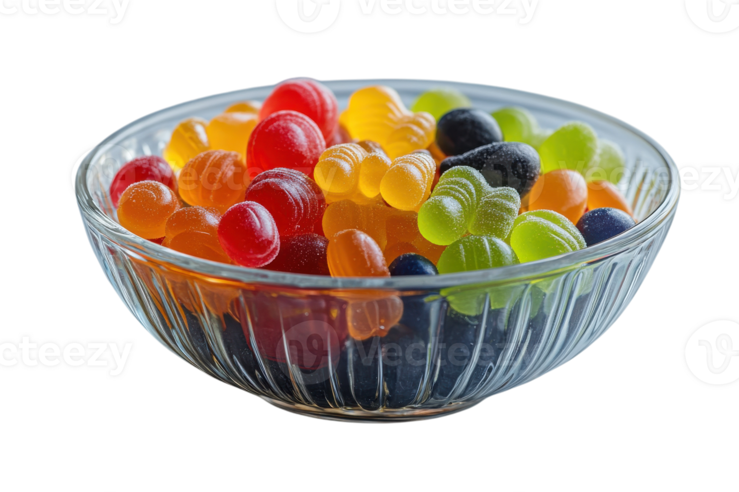 Colorful gummy candies arranged attractively in a glass bowl on a neutral backdrop during daylight png