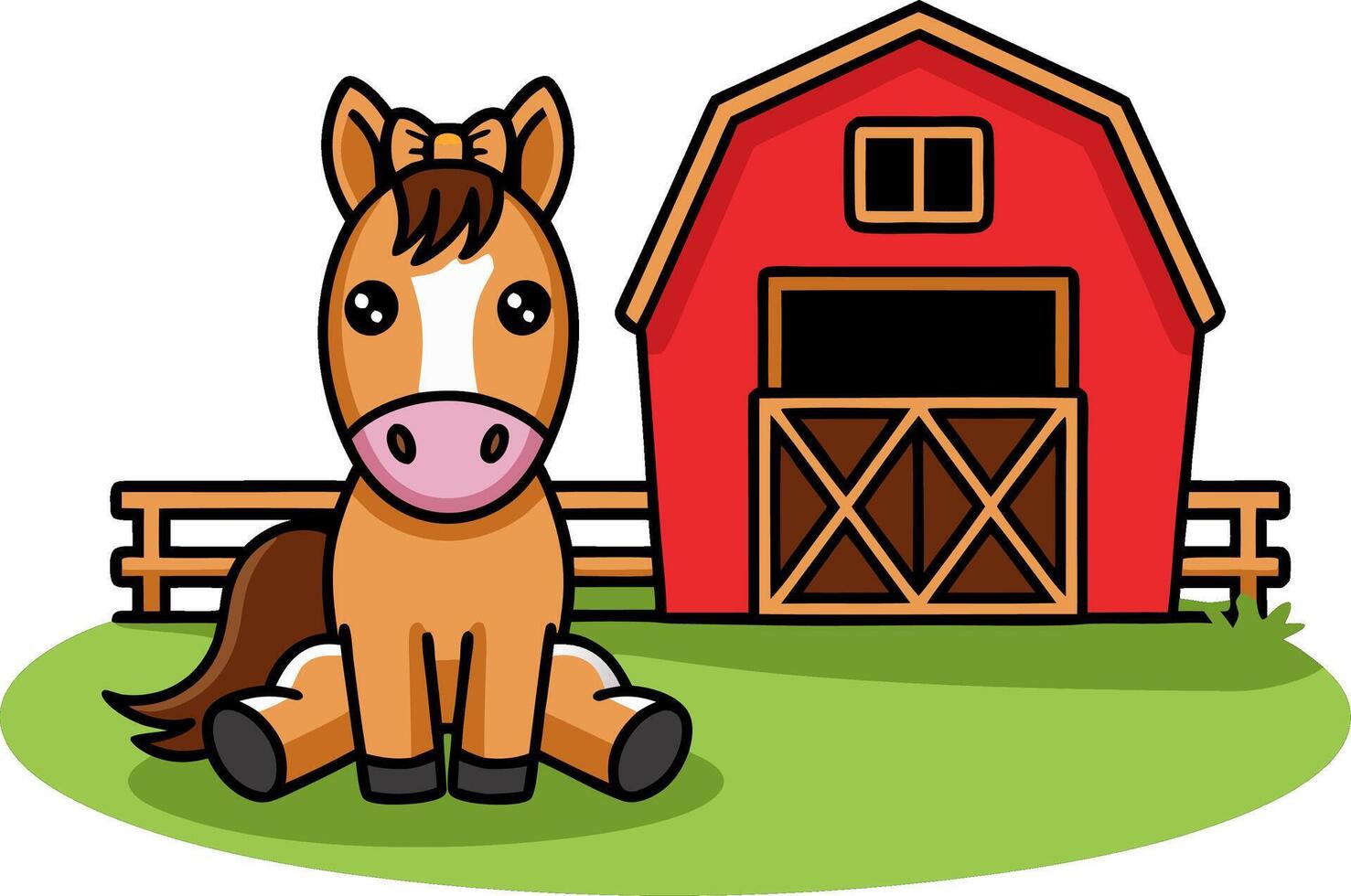 Cute Cartoon Horse with Red Barn on Farm Illustration vector