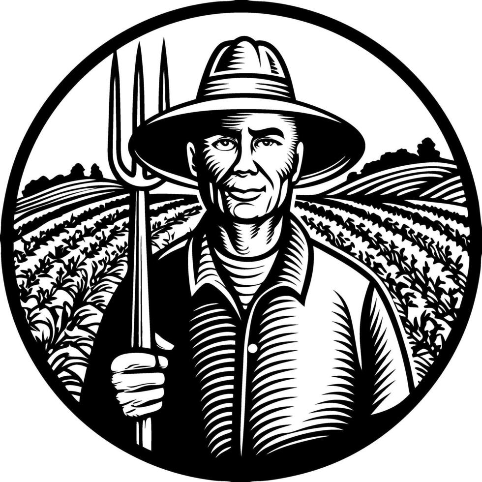 Farmer with Pitchfork in Field Emblem Illustration for Agriculture vector